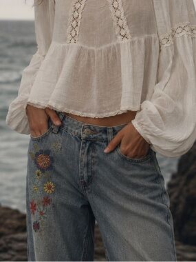 Organic Blue Boho Floral Criss Stitch Embroidered Jeans, Size 7/8, NWT